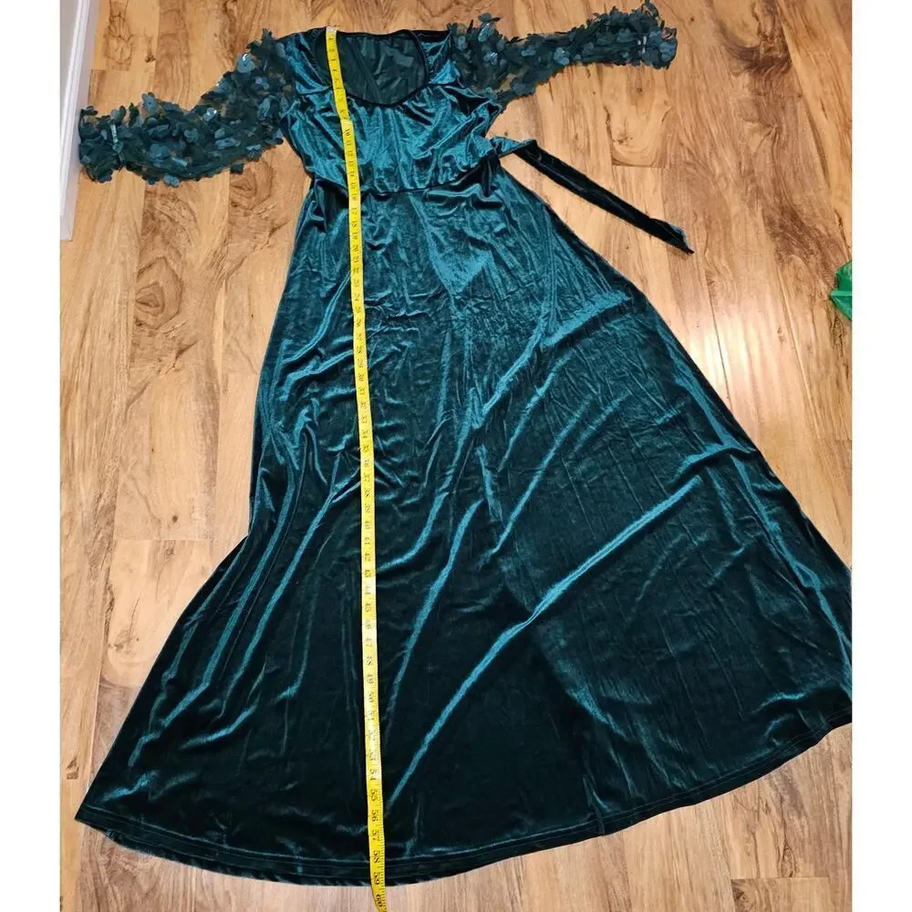 Velvet Holiday Maxi‎ L Dress Forest Green. 3D sheer floral Sleeve. Events Party